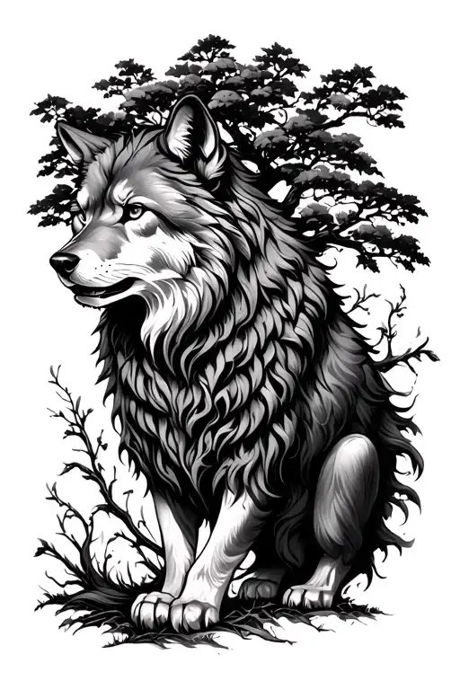 tree, wolf, lion, Roman text mmv  tattoo design idea