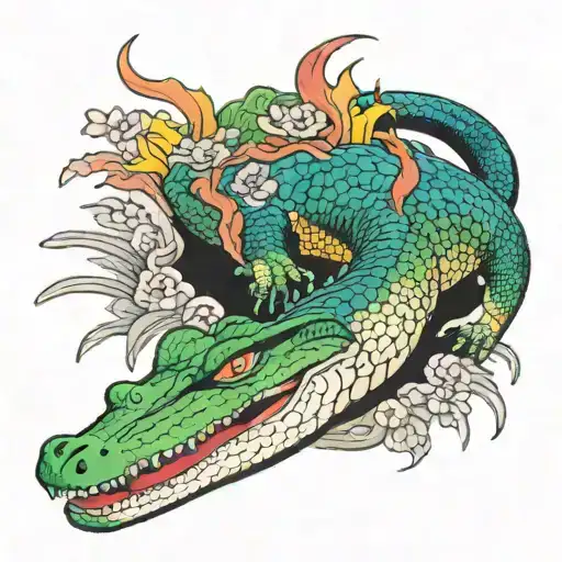 Crocodile, arm sleeve, colourful, japanese, men tattoo design idea
