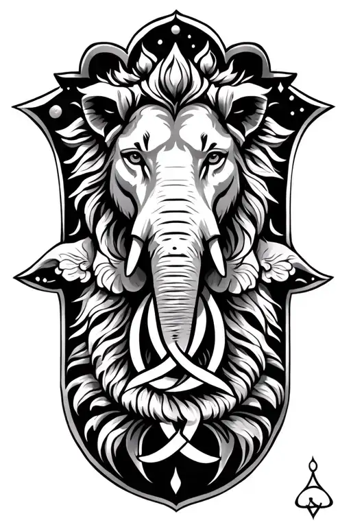 lion and elephant for stremgth and good luck , intertwine in a Hamsa with a Triquetra tattoo design idea