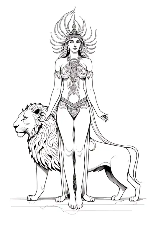 Surreal Ishtar goddess full body and lions tattoo design idea