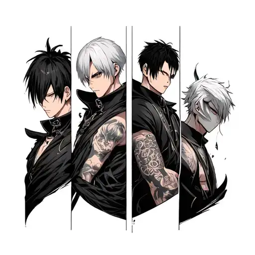 anime tattoo sleeve featuring Guts from Berserk, Kaneki Ken from Tokyo Ghoul, Rudo from Gachiakuta and Tetsuo from Akira tattoo design idea