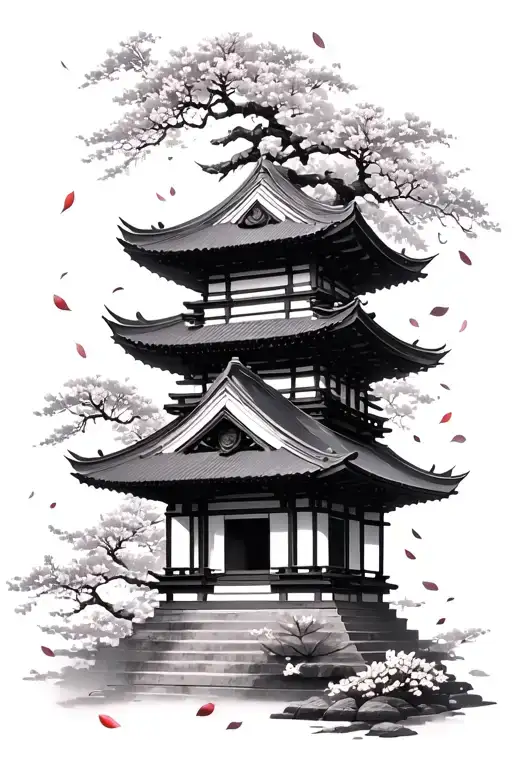 A modern interpretation of a Japanese temple surrounded by cherry blossom petals, symbolizing peace and tranquility tattoo design idea