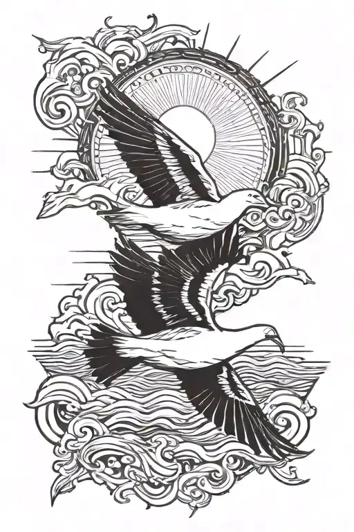 ocean with bible verse written over, white dove, sun, 13-10-24 at the bottom all on a half sleeve tattoo design idea
