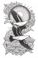 ocean with bible verse written over, white dove, sun, 13-10-24 at the bottom all on a half sleeve tattoo design idea