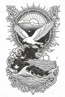 ocean with bible verse written over, white dove, sun, 13-10-24 at the bottom all on a half sleeve tattoo design idea