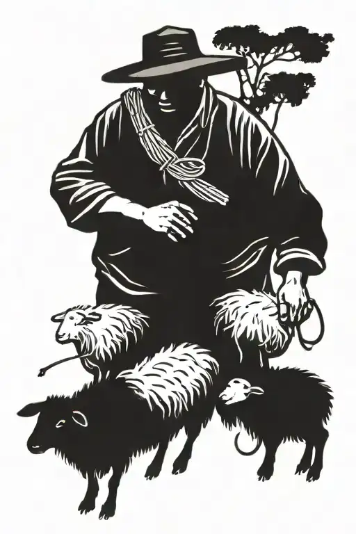 Chinese farmer with one black sheep tattoo design idea