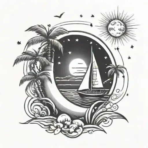 sail boat, stars, moon, palm trees tattoo design idea
