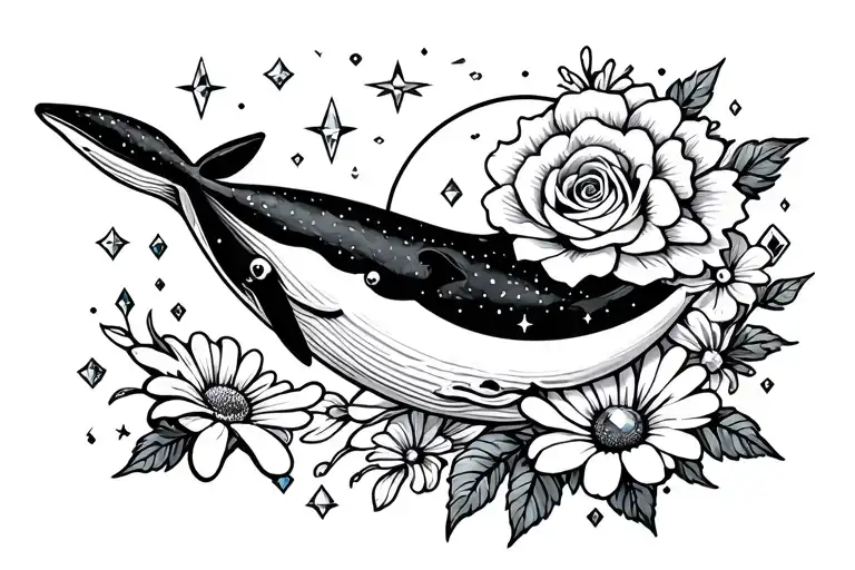 tudor rose, stars, sun, moon, celestial, daisys, tarot cards, card deck, whale, crystals, gems, jewels, tattoo design idea