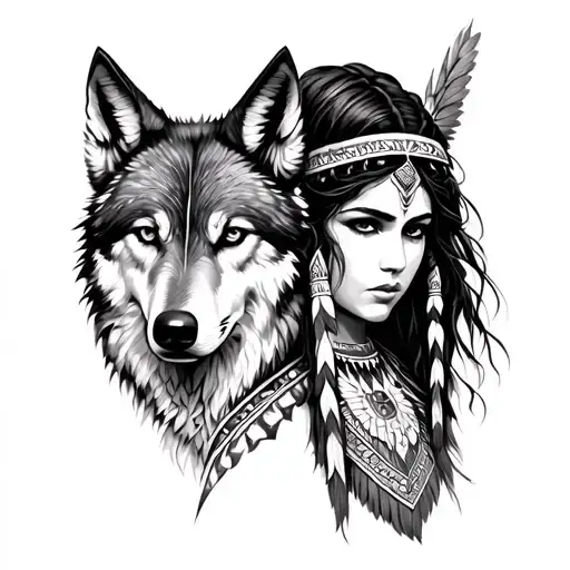 red Indian warrior girl with wolf tattoo design idea