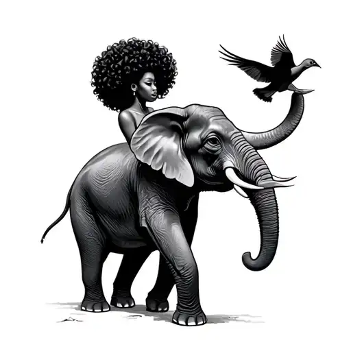 black woman with curly Afro releasing bird in the air walking with elephant tattoo design idea