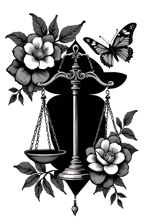 Libra zodiac sign with justice scale cute and elegant with flowers and butterflies tattoo design idea