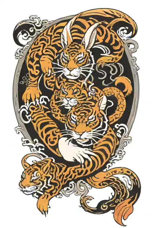 Japanese style tattoo incorporating Chinese horoscope animals: rabbit, dragon, tiger and pig all in the one sleeve tattoo design idea