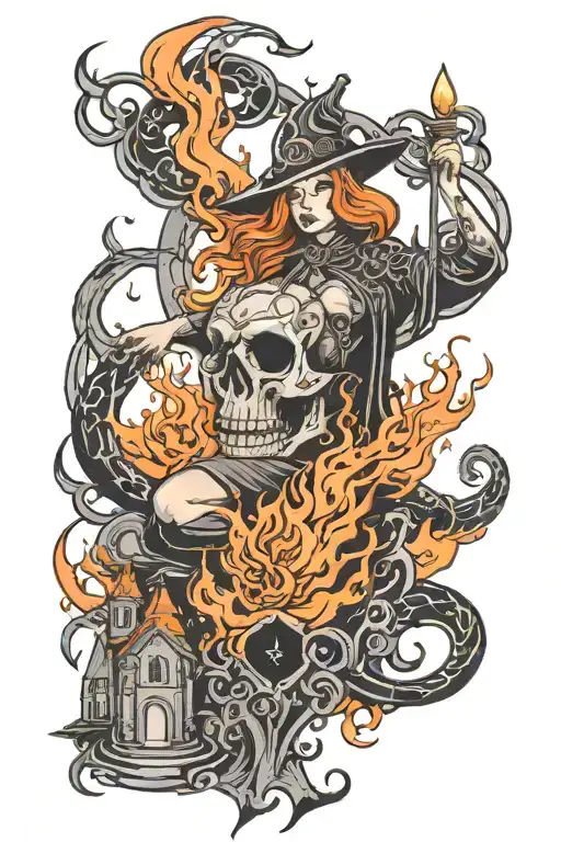 Dark norse witch and burning church black grey orange fire tattoo design idea