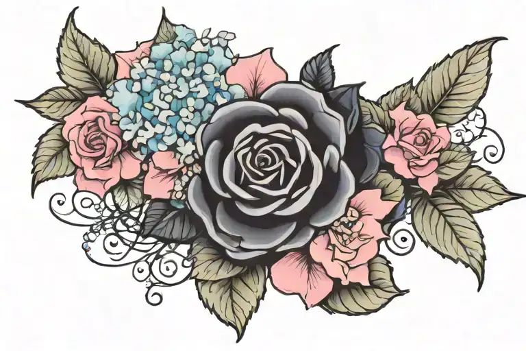 Micro tattoo of blue and pink hydrangeas, a black rose, and book pages, all carried by the wind. tattoo design idea