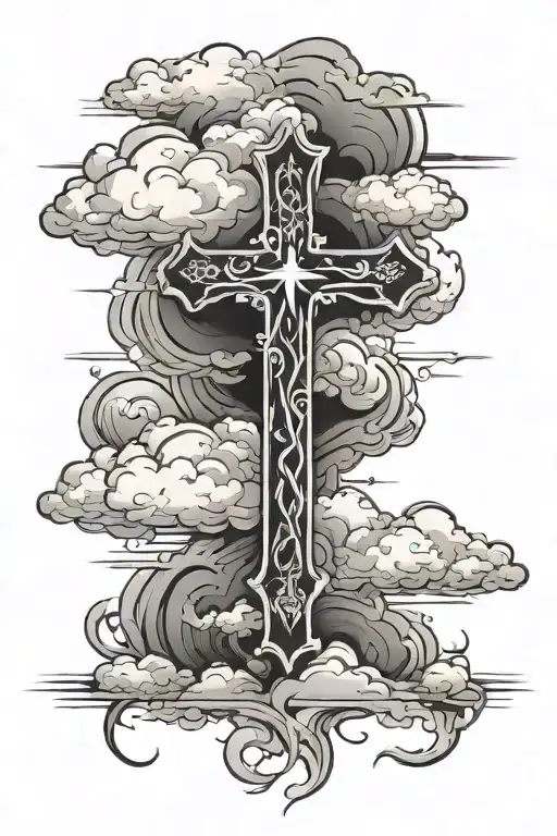 cross with clouds fading tattoo design idea