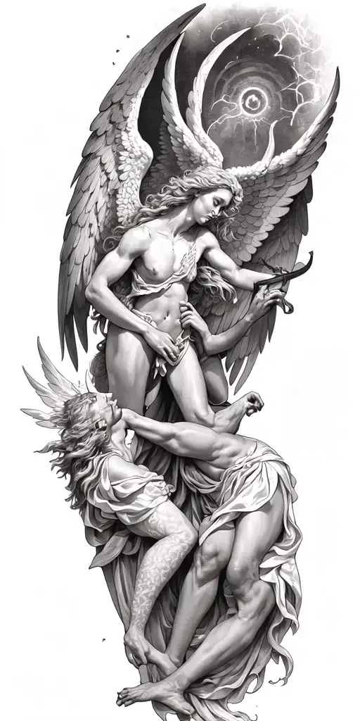 angels fighting devil sunshine cross tattoo design idea