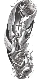 angels fighting devil sunshine cross tattoo design idea