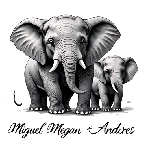 3 baby elephant tattoo with the names of Miguel, Megan and Andrés tattoo design idea