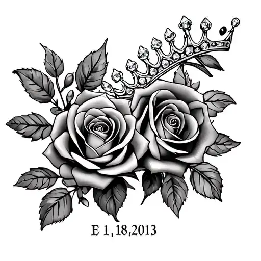 . B: date “12/18/2013”, roses and crown with gems; E: intertwined roses; tattoo design idea