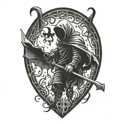 Hooded Reaper Silhouette, Smoke, Fire, Fear, Bat Wings, Viking Runes, Kenaz Rune Tattoo tattoo design idea