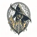 Hooded Reaper Silhouette, Smoke, Fire, Fear, Bat Wings, Viking Runes, Kenaz Rune Tattoo tattoo design idea