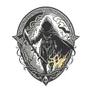 Hooded Reaper Silhouette, Smoke, Fire, Fear, Bat Wings, Viking Runes, Kenaz Rune Tattoo tattoo design idea