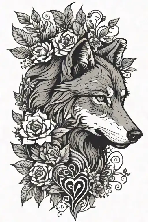 wolf, flowers, heart tattoo design idea