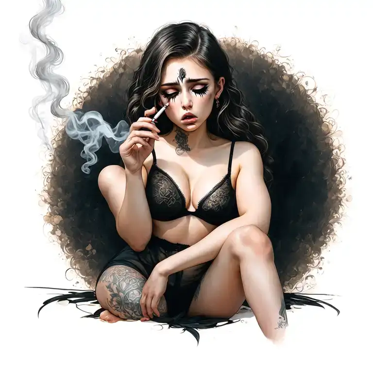 sexy, pale girl crying with mascara on.  small boobs, smoking a cigarette. wearing a g string sitting down tattoo design idea