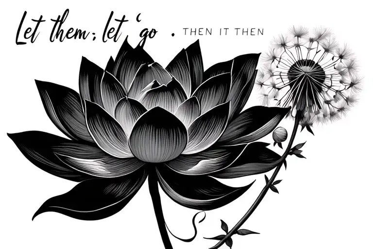 Lotus flower on the left of the phrase "Let them; Then let it go" attached to a dandelion stem to the right tattoo design idea