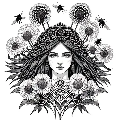 Celtic Goddess, Brigid. Surrounded by dandelions and bees tattoo design idea