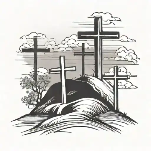 3 crosses on a hill, theme of hope, light shining behind crosses  tattoo design idea