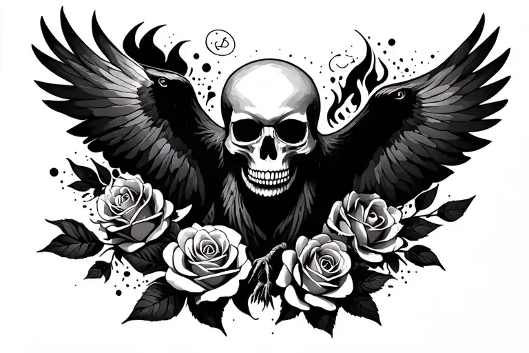 skull roses crow raven flying negative space "be fearless in the pursuit of what sets your soul on fire"  tattoo design idea