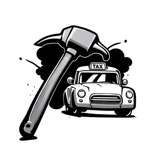 Ball-peen hammer where the handle turns into a road with a lil cartoony taxi driving on the road with the number 77 onit tattoo design idea