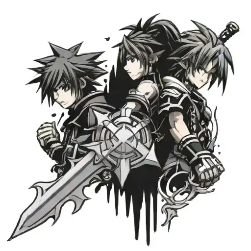 kingdom hearts sword,characters, and pokemon tattoo design idea