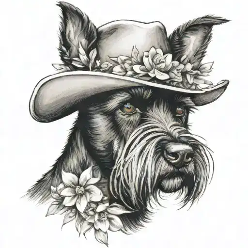 all black schnauzer with cowgirl hat and brown eyes and a collar and flowers looking to the side tattoo design idea