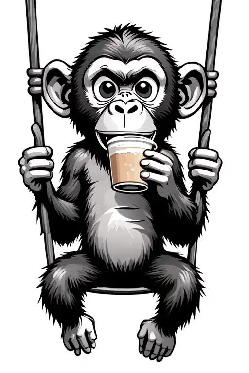 Silly cartoon monkey swinging and drinking an iced coffee tattoo design idea