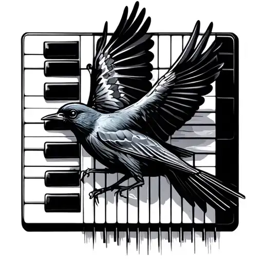 blackbird flying through piano keys tattoo design idea
