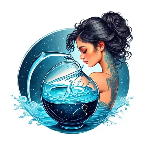 Woman pouring out a vase full of water. Aquarius sign. Aquarius constellation. Shoulder.  tattoo design idea