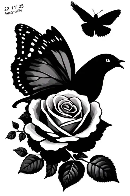rose a butterfly a dove bird flying and 22 11 25 with aunty camille in arabic tattoo design idea