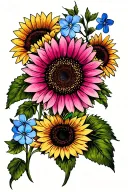sunflower, pink Gerber daisy, & forget me nots tattoo design idea