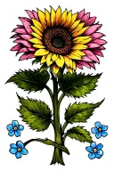 sunflower, pink Gerber daisy, & forget me nots tattoo design idea