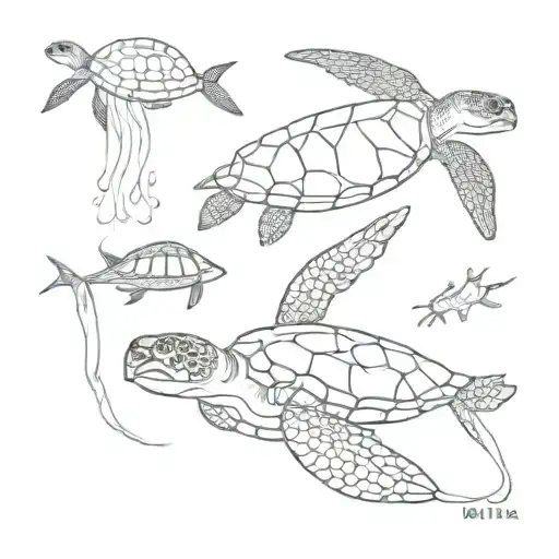 Sea turtle, jellyfish and manta ray line art with the name Mirha  tattoo design idea