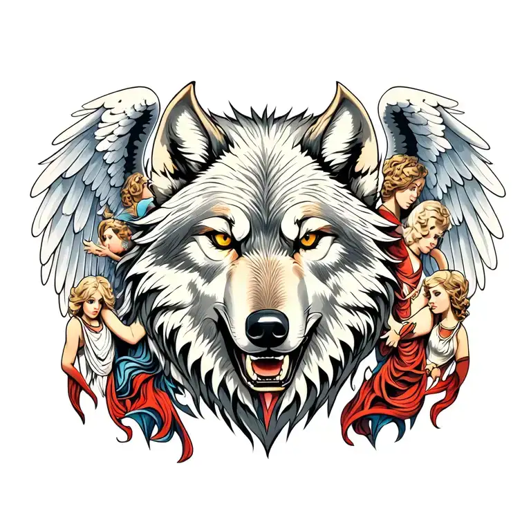 Giant wolf head with demonic and angelic figure surround by wings  tattoo design idea