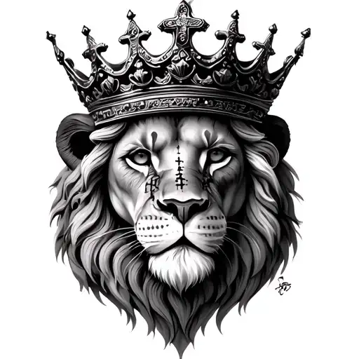 lion of judah with king's crown and cross-shaped scar over his eye tattoo design idea