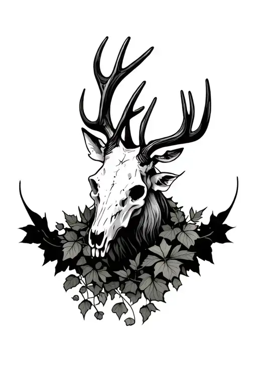 stag skull with ivy tattoo design idea