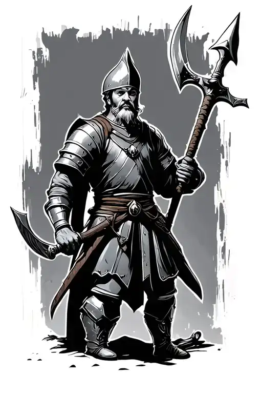 Landsknecht leaning on halberd, full body tattoo design idea