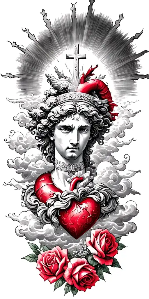 Greek gods in clouds and a heart with rays and clouds and a cross and lightly red colored roses throughout tattoo design idea