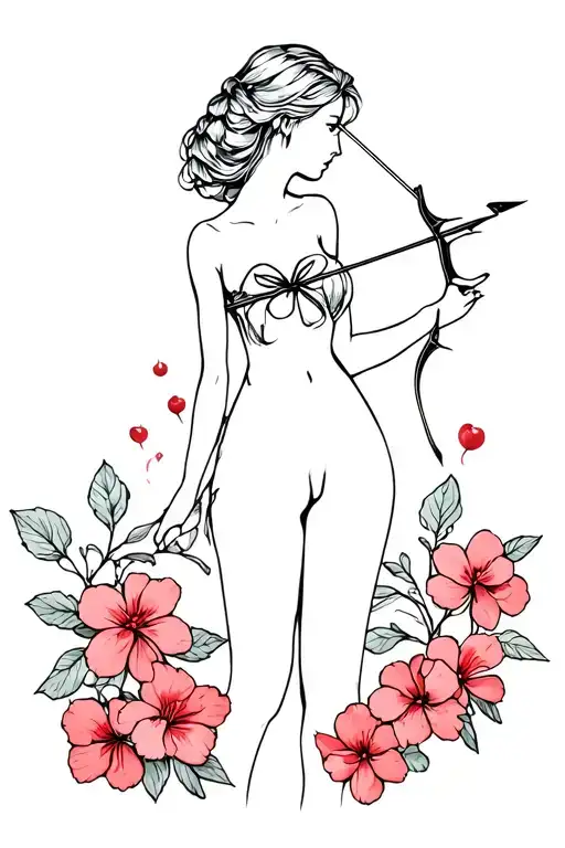cherry flowers and female silhouette with bow and arrow tattoo design idea