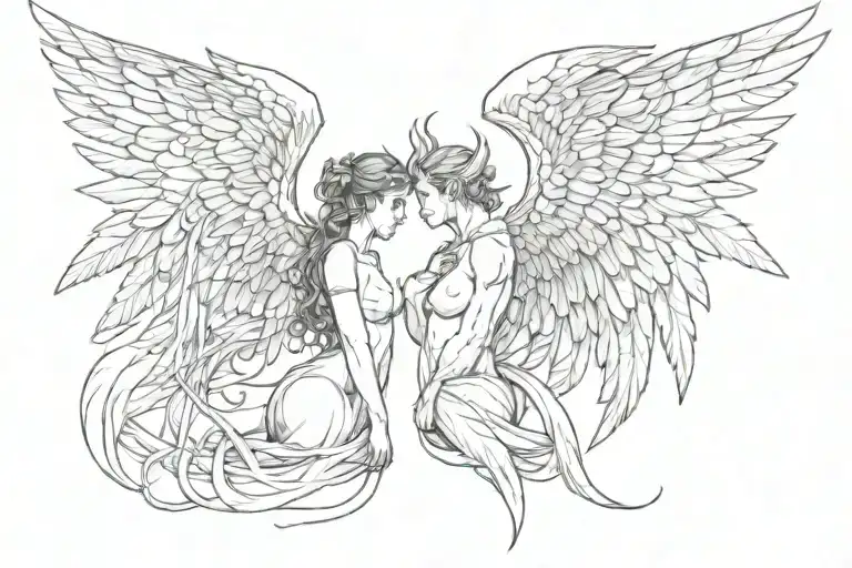 men Devil and female angel looking at each other with a big wing from the side in the middle of my back  tattoo design idea