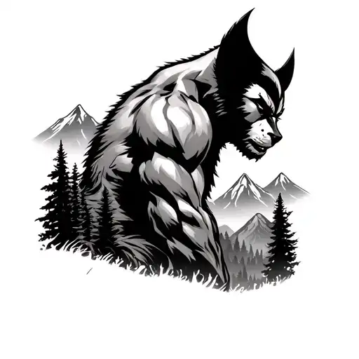 Wolverine animal overlooking mountain and forest tattoo design idea